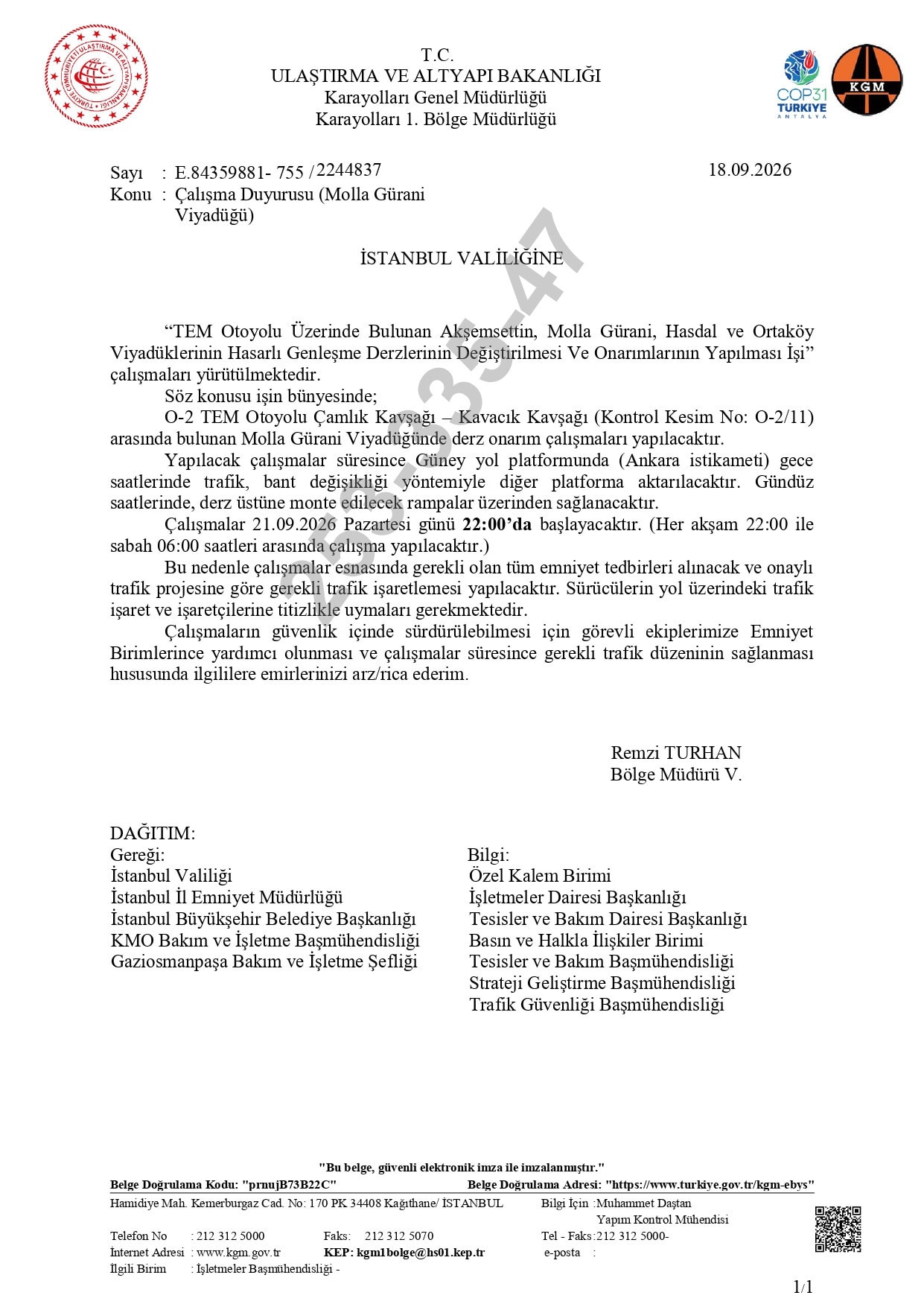 Karayolları Genel Müdürlüğü’nün Molla Gürani Viyadüğü’nde yapılacak derz onarım çalışmasına ilişkin resmi duyuru belgesi.