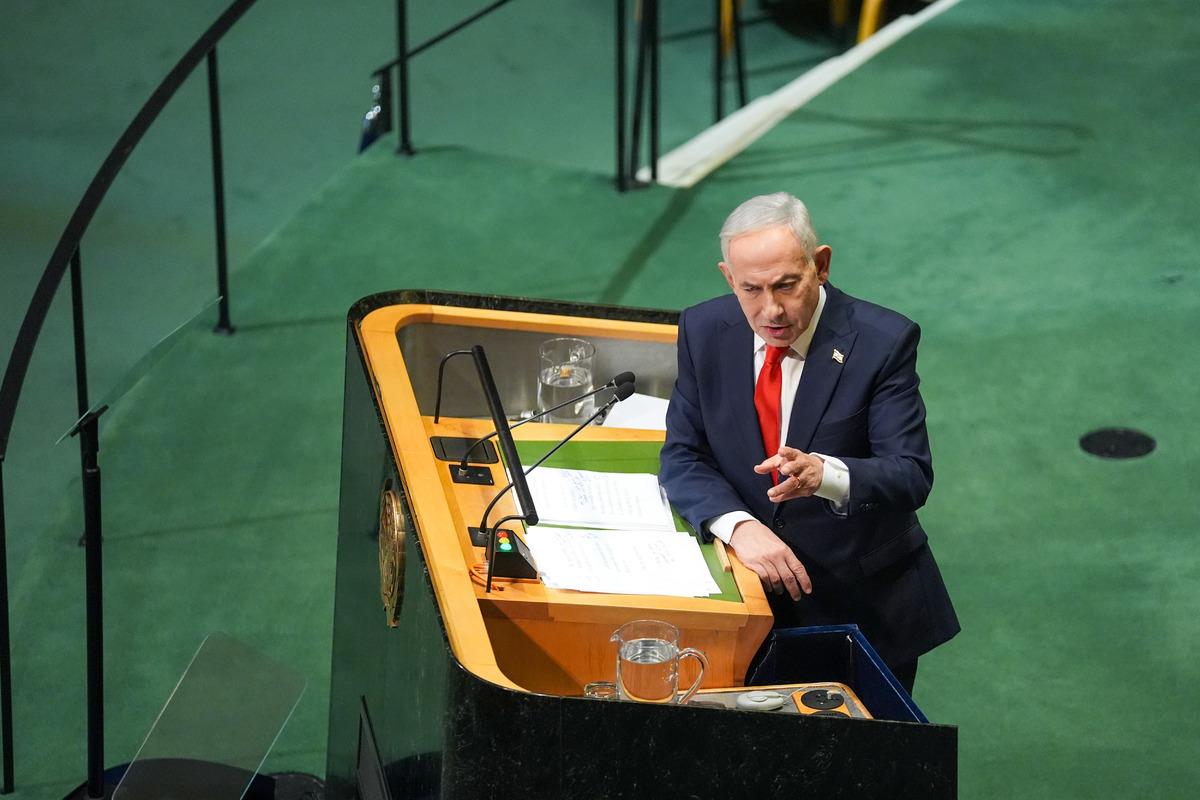 An overhead shot of Netanyahu at the UN General Assembly podium.