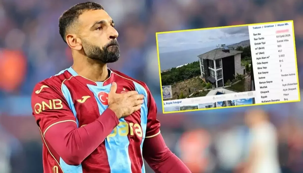 Trabzonspor formasıyla Mohamed Salah ve yanında villa ilanı görseli.