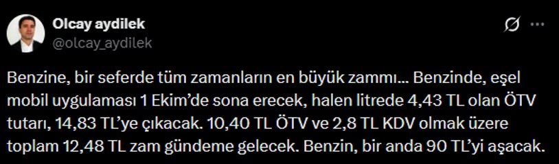 Benzinde eşel mobil uygulamasının sona ermesiyle beklenen zam tutarına ilişkin sosyal medya paylaşımı.