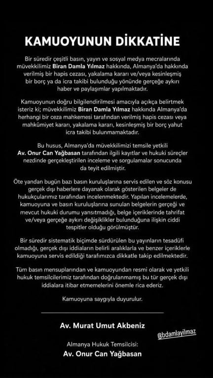 Siyah zemin üzerinde Biran Damla Yılmaz hakkında yapılan iddialara ilişkin kamuoyu açıklaması metni.