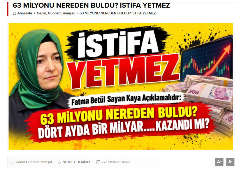 Mirat Haber sayfasında Fatma Betül Sayan Kaya hakkındaki iddialara ilişkin 'İstifa yetmez' başlıklı görsel.
