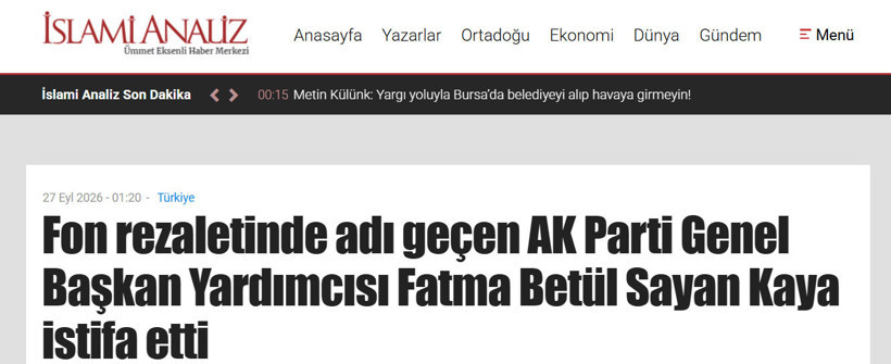 İslami Analiz internet sitesinde Fatma Betül Sayan Kaya’nın istifasına ilişkin haber başlığı.