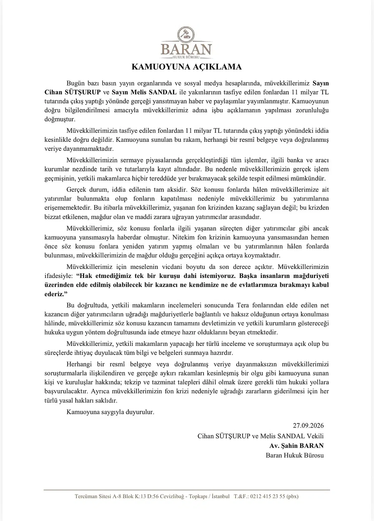 Baran Hukuk Bürosu antetli, Melis Sandal ve Cihan Sütşurup adına yapılan yazılı açıklama metni.