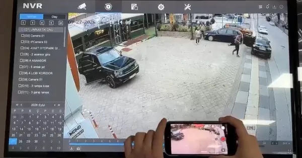 Olay yerindeki kişileri ve araçları gösteren güvenlik kamerası görüntüsü.