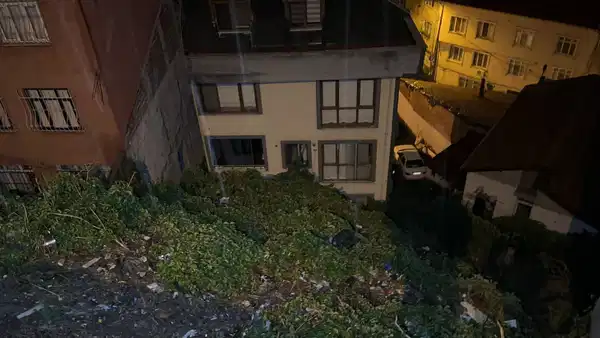 Toprak kaymasının etkilediği yeşil alan ve yakınındaki apartman.