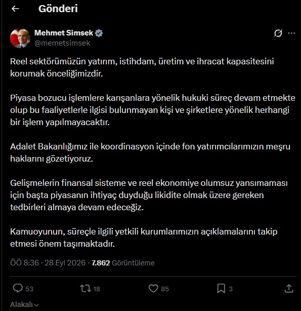 Mehmet Şimşek’in fon piyasasına ilişkin açıklamasını içeren sosyal medya paylaşımının ekran görüntüsü.