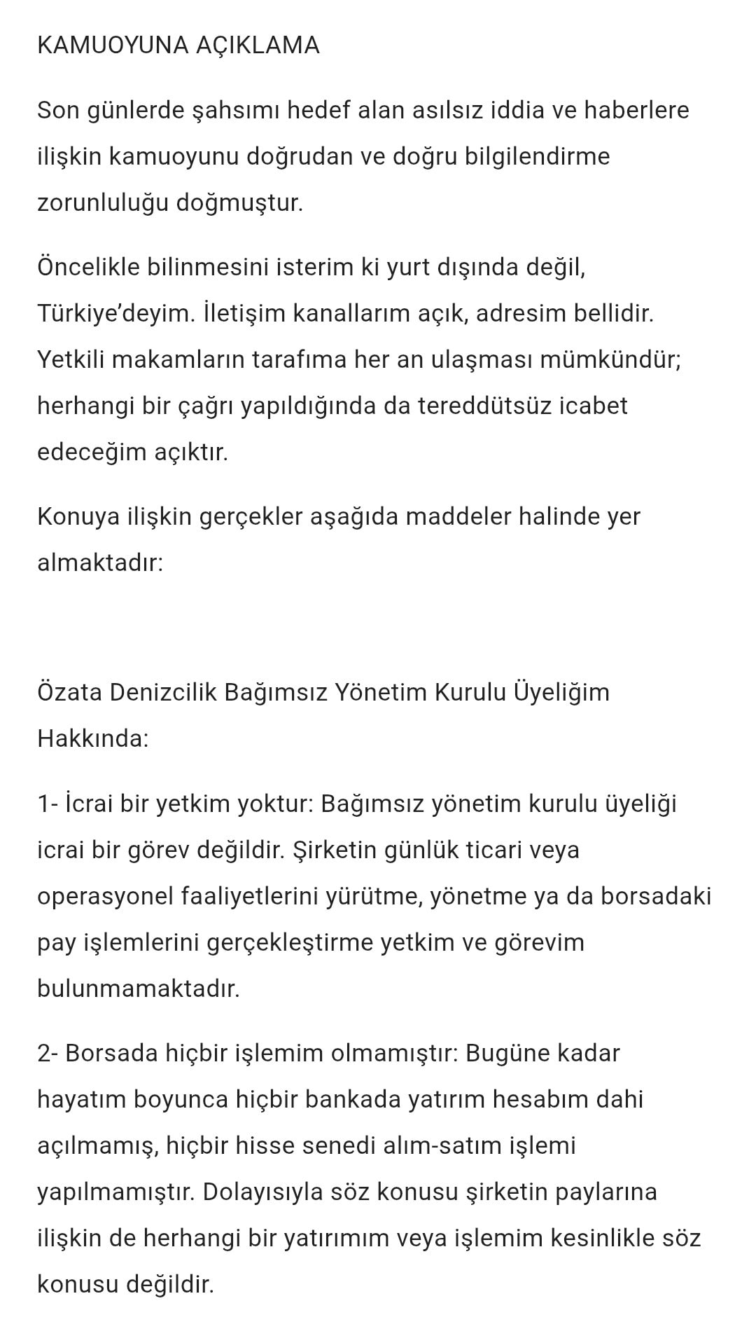 Immagine del testo contenente la dichiarazione pubblica di İskender Balcı, in cui afferma di trovarsi in Turchia e chiarisce la sua posizione presso Özata Denizcilik.