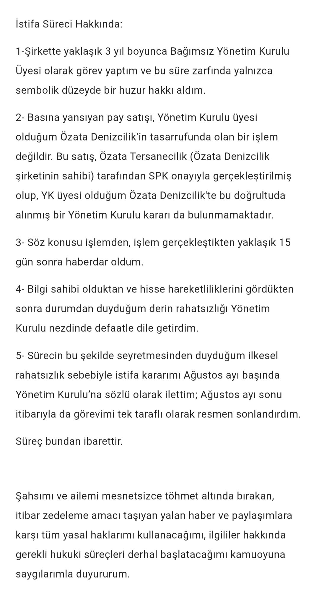 Immagine del testo contenente le dichiarazioni di İskender Balcı relative al processo di dimissioni, alla vendita di azioni e ai procedimenti legali.