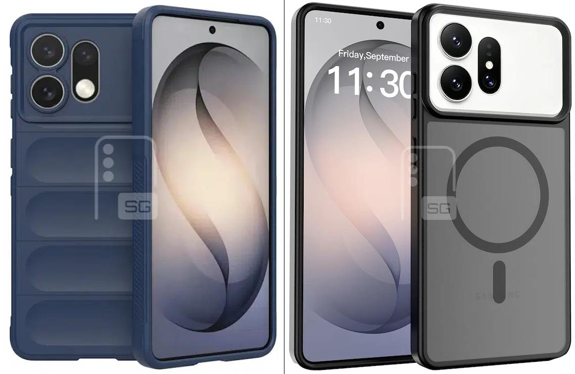 A large camera island and magnetic accessory area are visible in the case and phone images claimed to belong to the Galaxy S27 series.