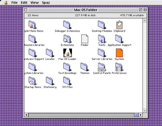 Copland işletim sisteminde Mac OS Folder penceresinde sistem bileşenlerinin listelendiği ekran görüntüsü.