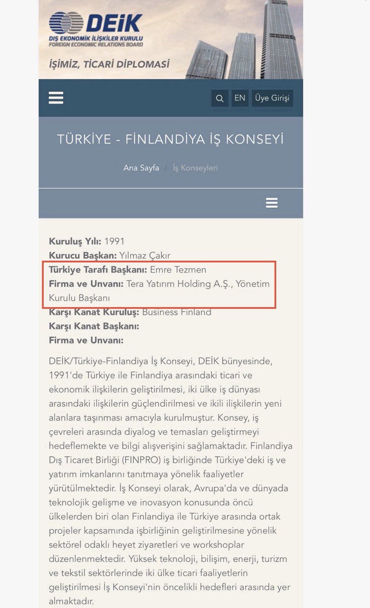 Screenshot della pagina del Consiglio d'Affari Turchia-Finlandia del DEİK in cui Emre Tezmen è indicato come presidente per la parte turca.