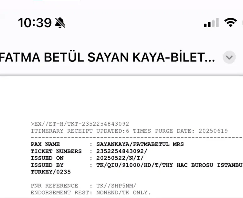 Fatma Betül Sayan Kaya adına düzenlendiği belirtilen uçak bileti bilgisinin ekran görüntüsü.