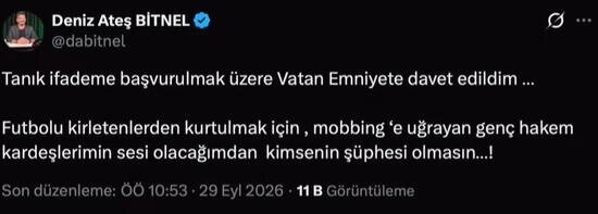 Deniz Ateş Bitnel’in tanık ifadesi için Vatan Emniyet’e davet edildiğini belirttiği sosyal medya paylaşımının ekran görüntüsü.