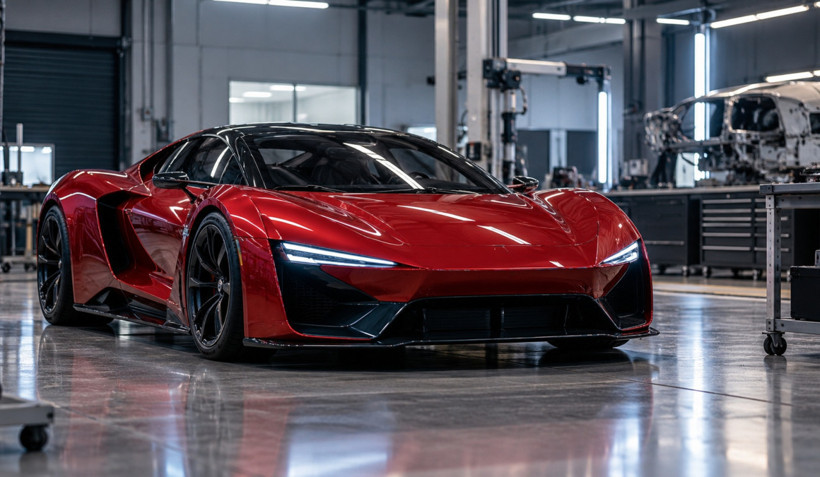 A red sports car-looking Tesla Roadster displayed in a production area.