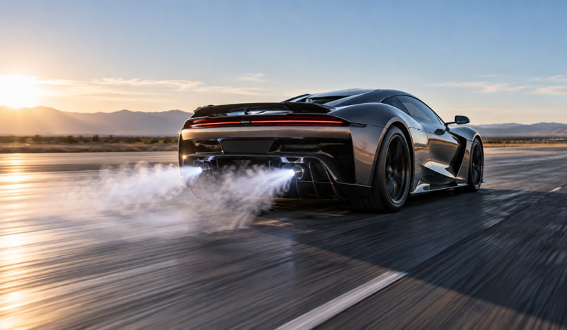 Propellant gas effects coming from the rear of a dark-colored sports car moving on the road.