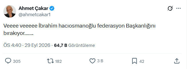 Ahmet Çakar’ın İbrahim Hacıosmanoğlu hakkında yaptığı sosyal medya paylaşımının ekran görüntüsü.