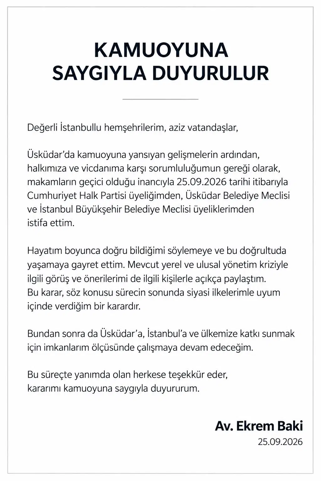 Ekrem Baki imzalı istifa açıklamasının yer aldığı metin görseli.