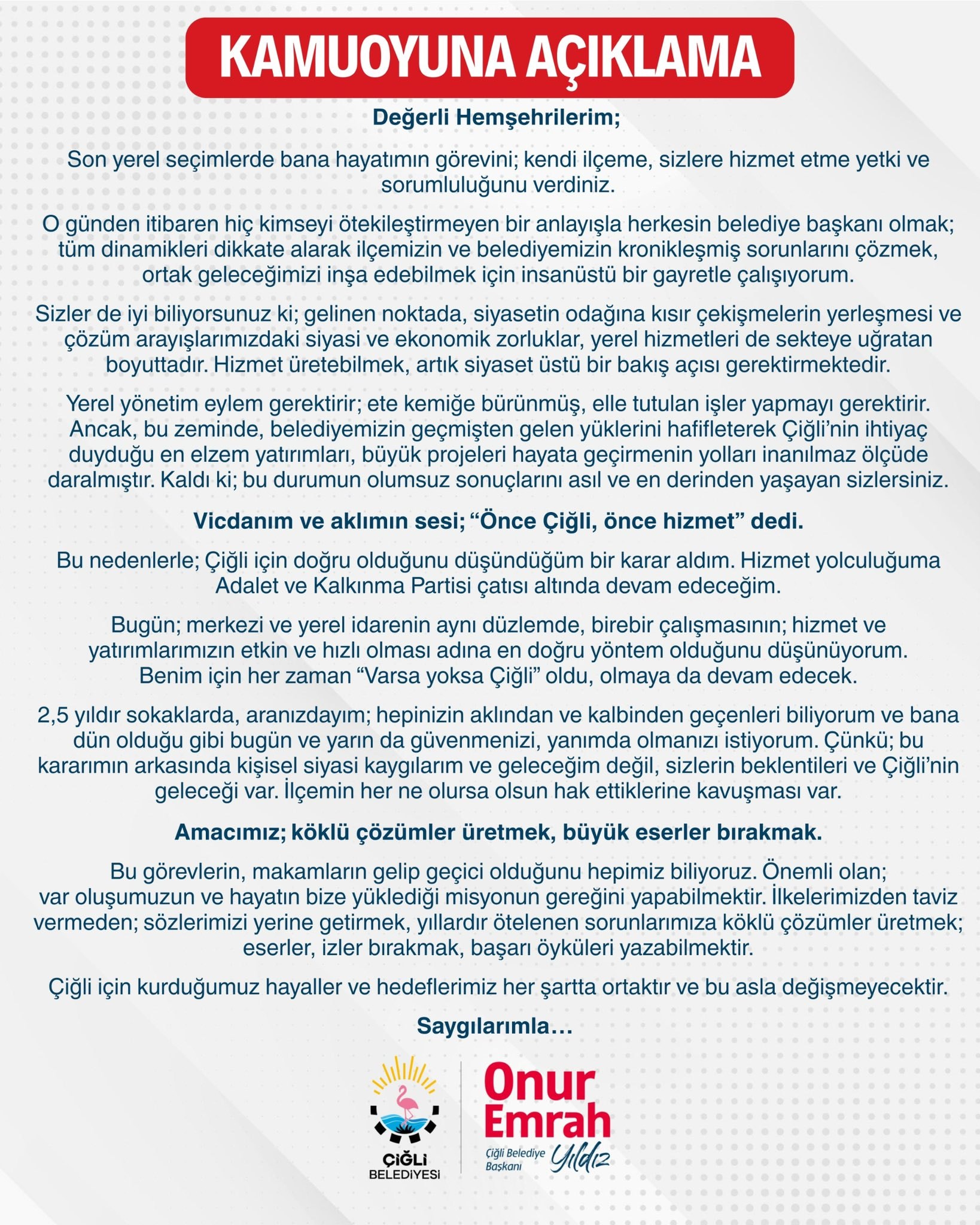 Çiğli Belediye Başkanı Onur Emrah Yıldız’ın kamuoyuna açıklama başlıklı sosyal medya görseli.