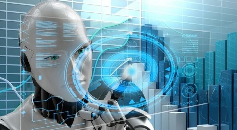 İnsansı robot ve dijital arayüzlerden oluşan yapay zeka temalı görsel.