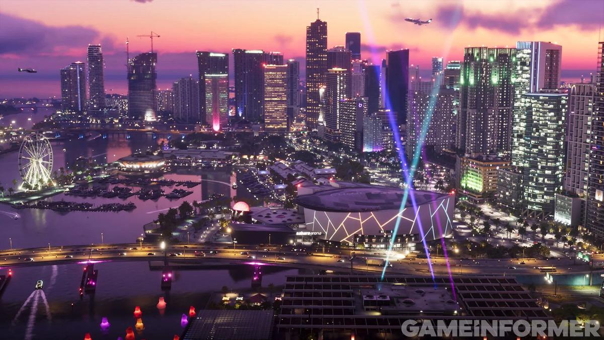 GTA 6 ekran görüntüsünde gün batımında ışıklandırılmış büyük bir şehir silüeti görülüyor.