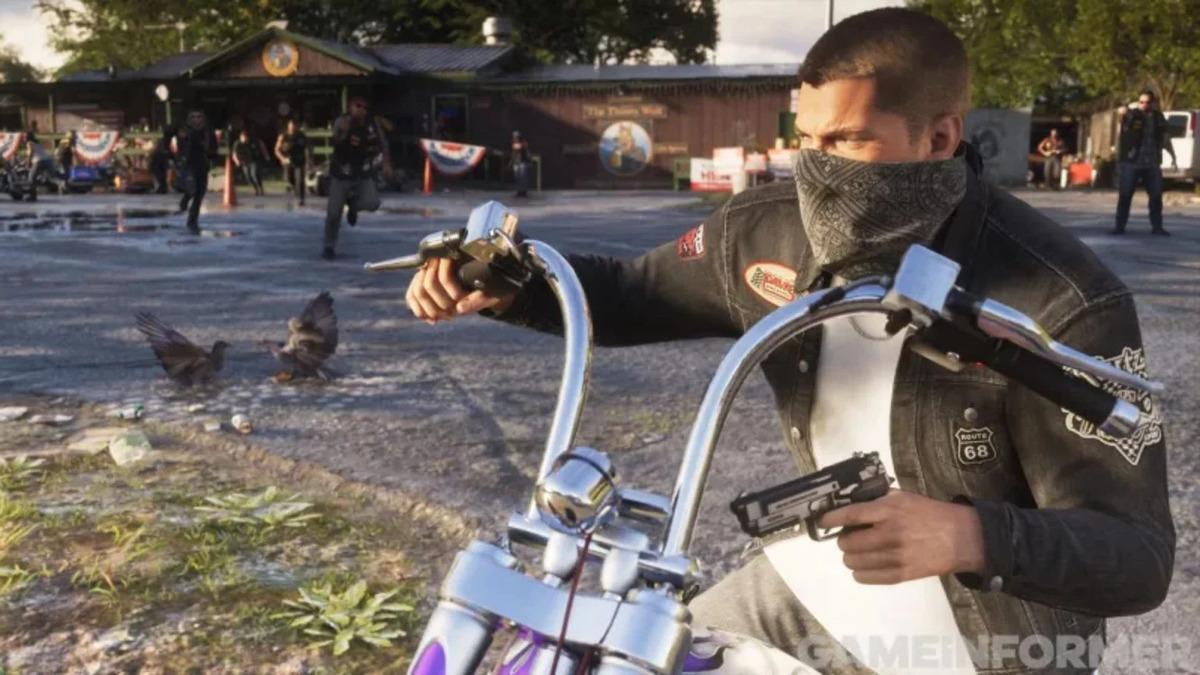 Maskeli bir karakterin motosiklet üzerinde görüldüğü GTA 6 ekran görüntüsü.
