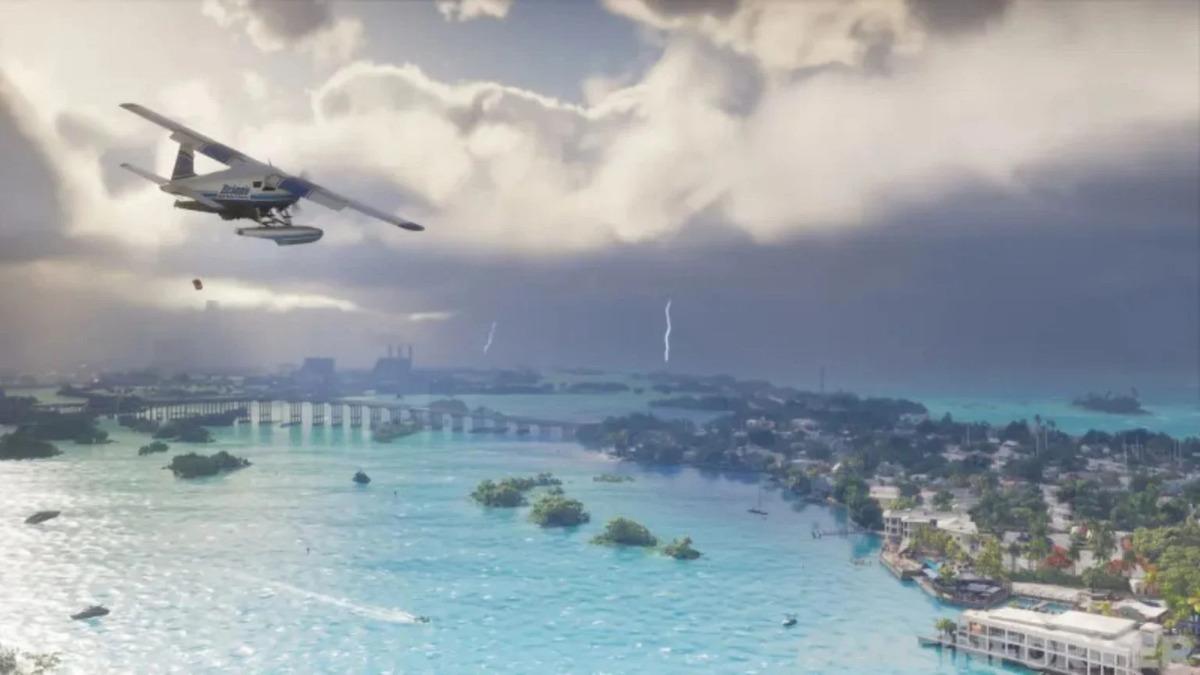 Fırtınalı bir kıyı bölgesi üzerinde uçan deniz uçağını gösteren GTA 6 ekran görüntüsü.