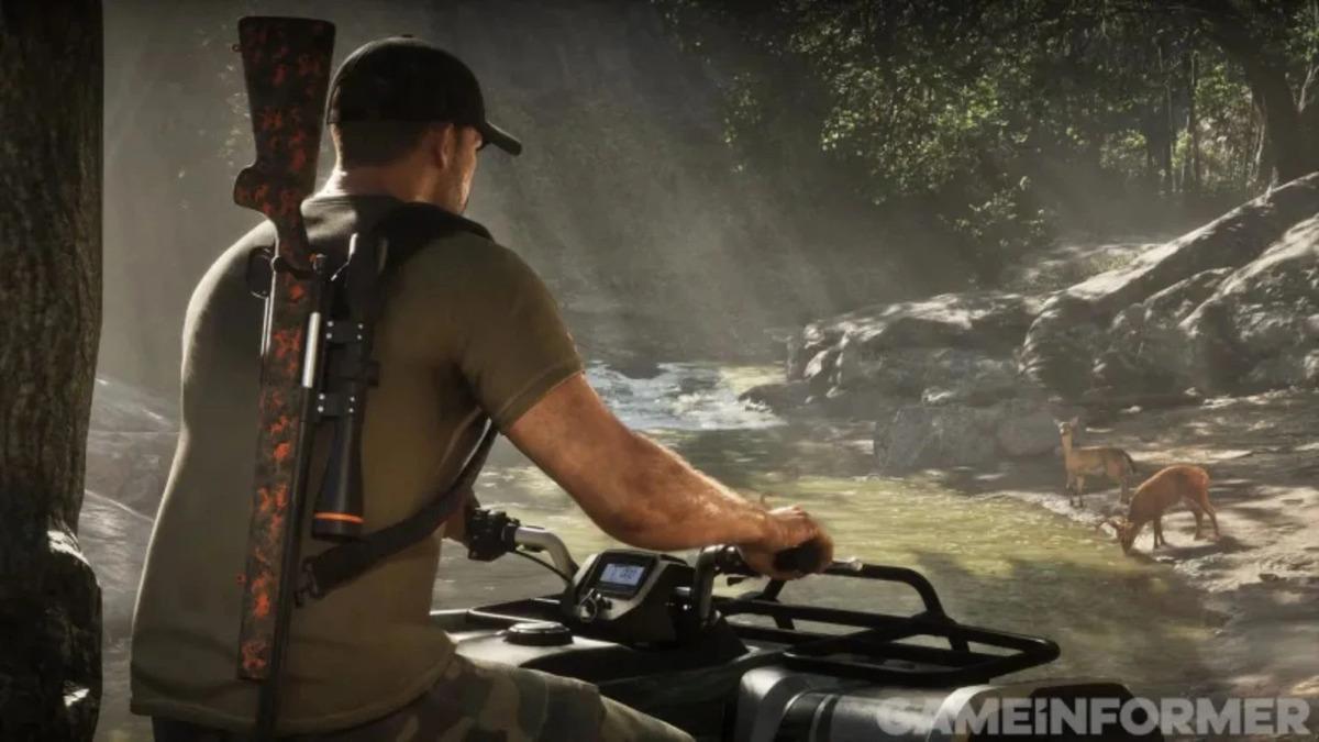 Ormanlık alanda ATV kullanan bir karakteri ve yakındaki hayvanları gösteren GTA 6 ekran görüntüsü.