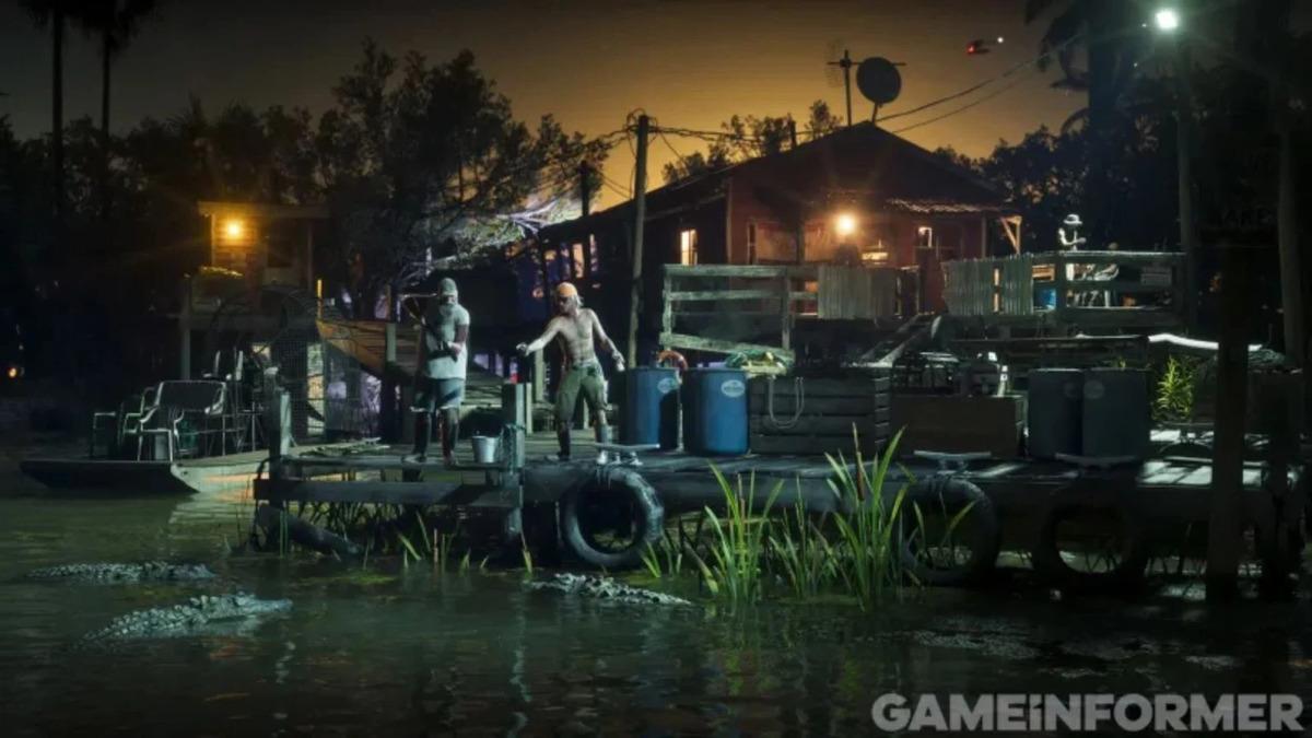 Gece vakti bataklık kıyısında iki karakterin ve timsahların görüldüğü GTA 6 ekran görüntüsü.