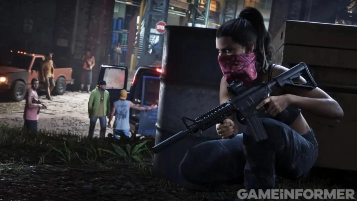 Gece sahnesinde silahlı bir karakterin siper aldığı GTA 6 ekran görüntüsü.