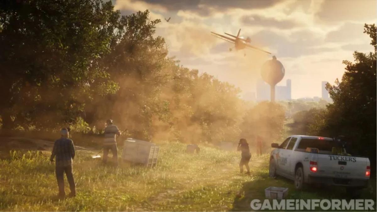 Tozlu bir kırsal alanda alçaktan uçan uçak ve çevredeki karakterleri gösteren GTA 6 ekran görüntüsü.