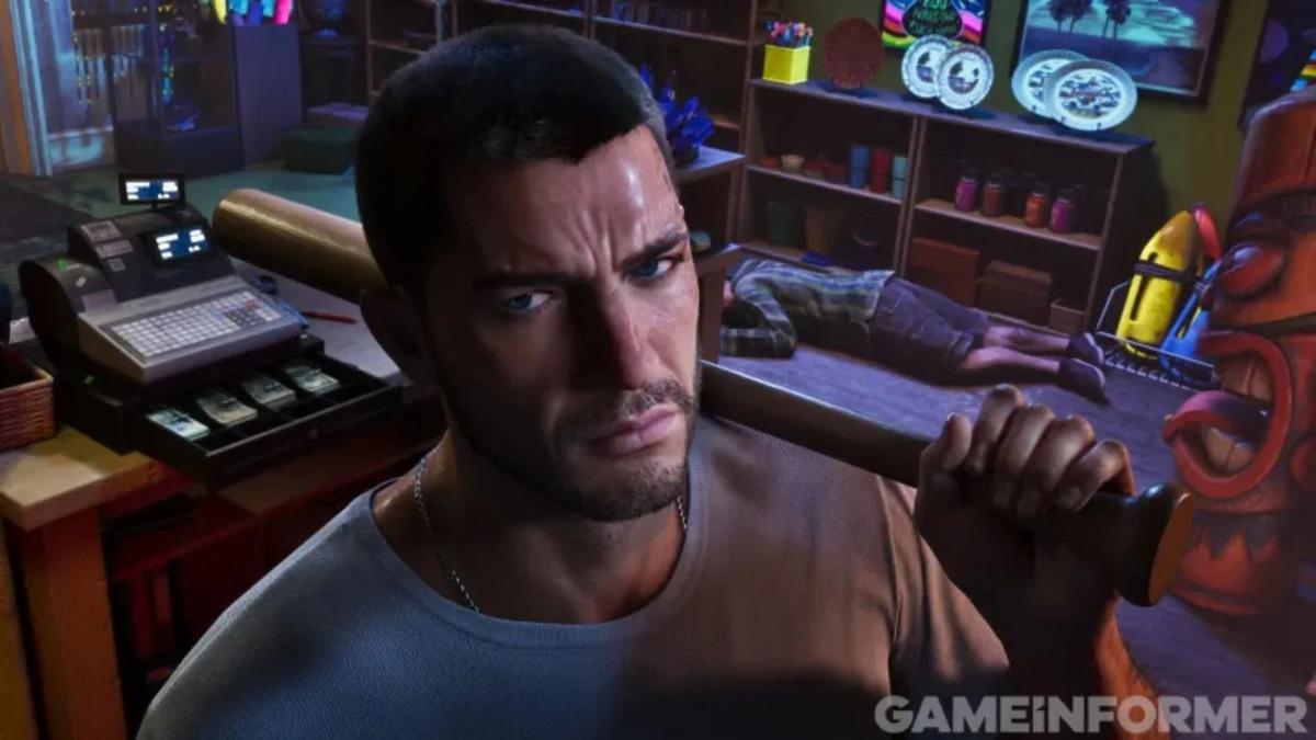 Bir iç mekânda yakın planda görünen erkek karakteri gösteren GTA 6 ekran görüntüsü.