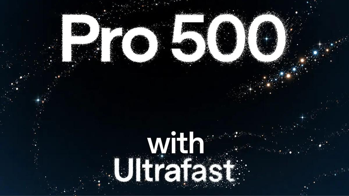 Promotional image featuring the text Pro 500 and Ultrafast on a dark background.