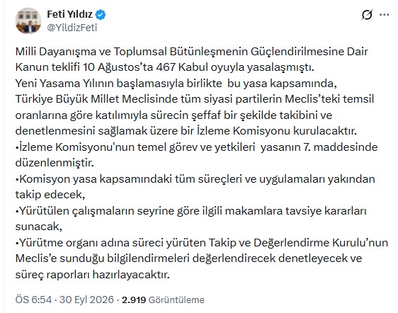 MHP Genel Başkan Yardımcısı Feti Yıldız’ın İzleme Komisyonu kurulacağını duyurduğu sosyal medya paylaşımı.
