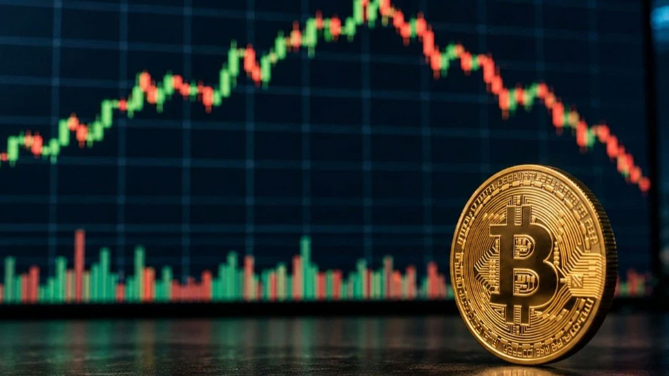 Piyasa grafiği önünde Bitcoin temsili madeni para görseli.