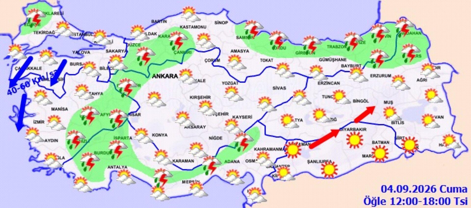 Meteorological forecast image showing downpour, sunny and partly cloudy weather symbols and wind directions on a map of Turkey.