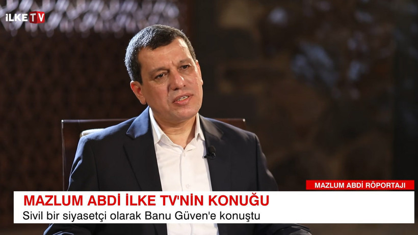 A frame from Mazlum Abdi's interview on İlke TV.
