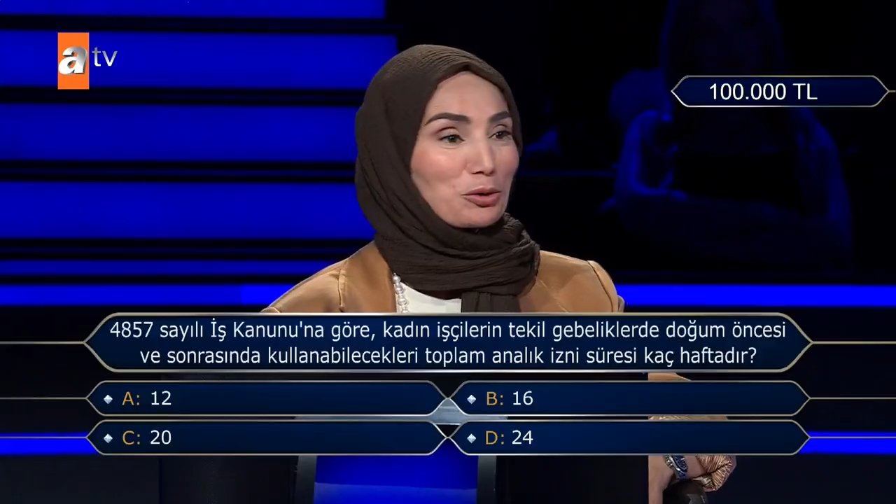 Kim Milyoner Olmak İster yarışmasında analık izni sorusunun ekrana yansıdığı an.