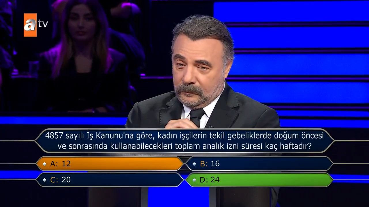 Kim Milyoner Olmak İster programında 24 hafta seçeneğinin doğru cevap olarak işaretlendiği ekran görüntüsü.