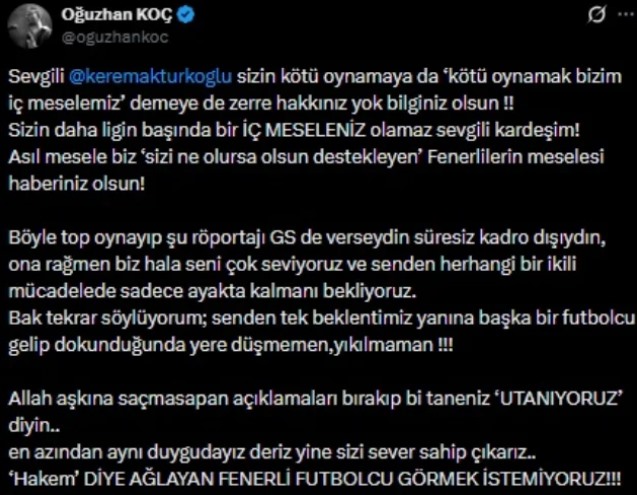 Oğuzhan Koç’un Kerem Aktürkoğlu’na yönelik sosyal medya paylaşımının ekran görüntüsü
