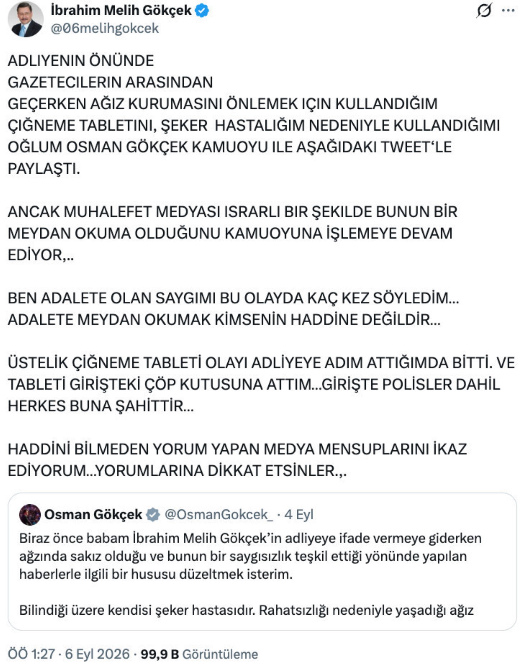 Melih Gökçek sakız tartışmasında gazetecileri hedef aldı: 'Yorumlarına dikkat etsinler'