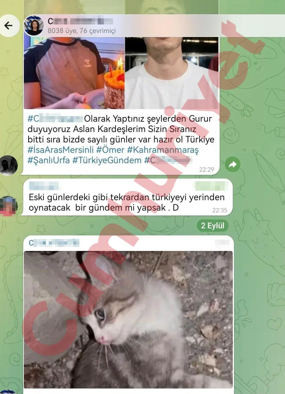 Telegram yazışmalarına ait olduğu belirtilen, kişisel bilgileri bulanıklaştırılmış bir ekran görüntüsü.