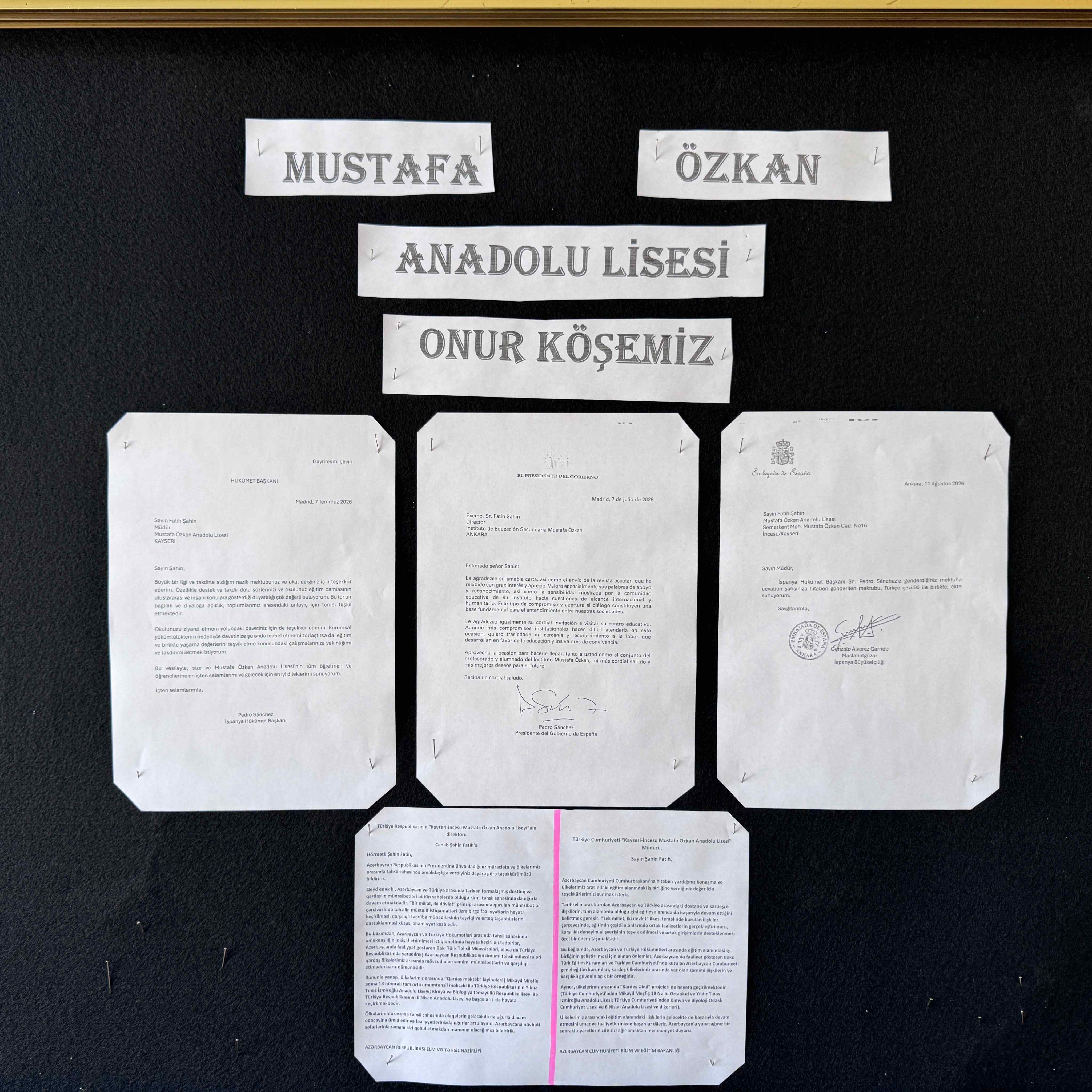 Mustafa Özkan Anatolian High School honor corner and displayed letters on the school board.