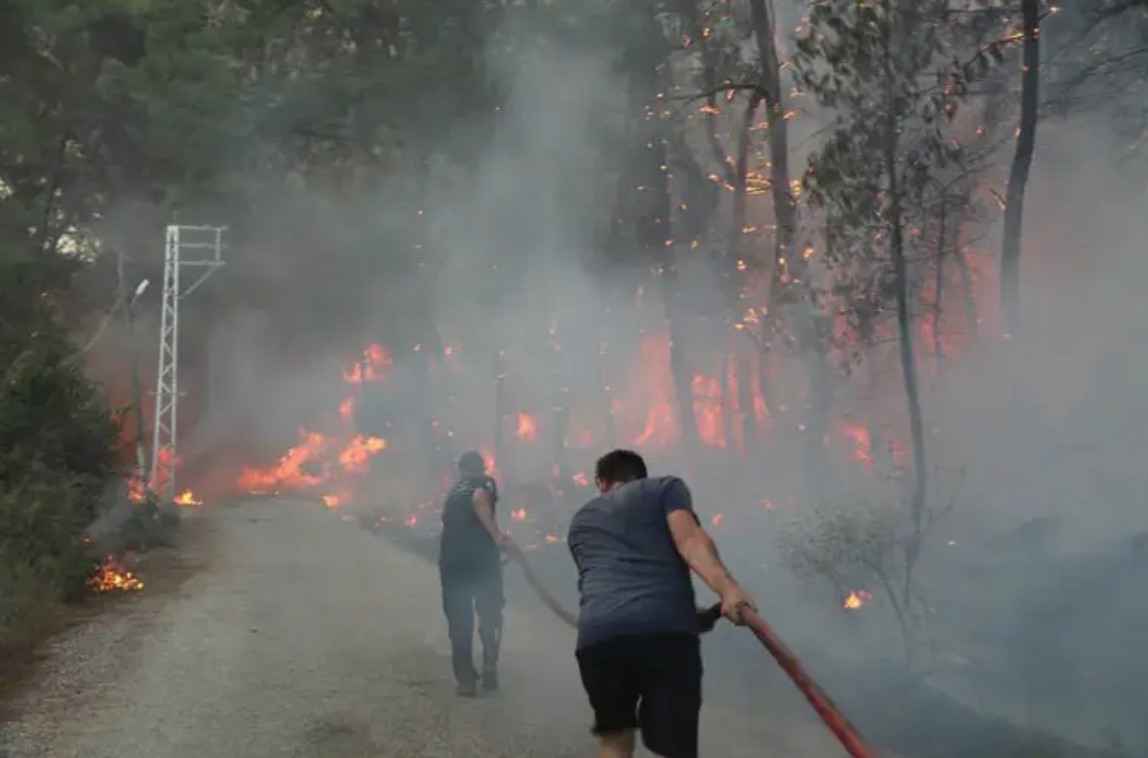 People are seen fighting the flames with hoses in a forest area covered in smoke.