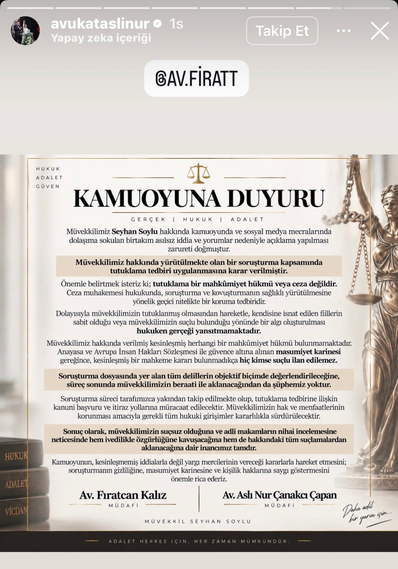 Seyhan Soylu’nun avukatları tarafından yayımlanan kamuoyuna duyuru metni.