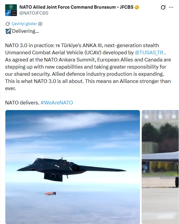 NATO JFC Brunssum hesabından yapılan ANKA III paylaşımının ekran görüntüsü.