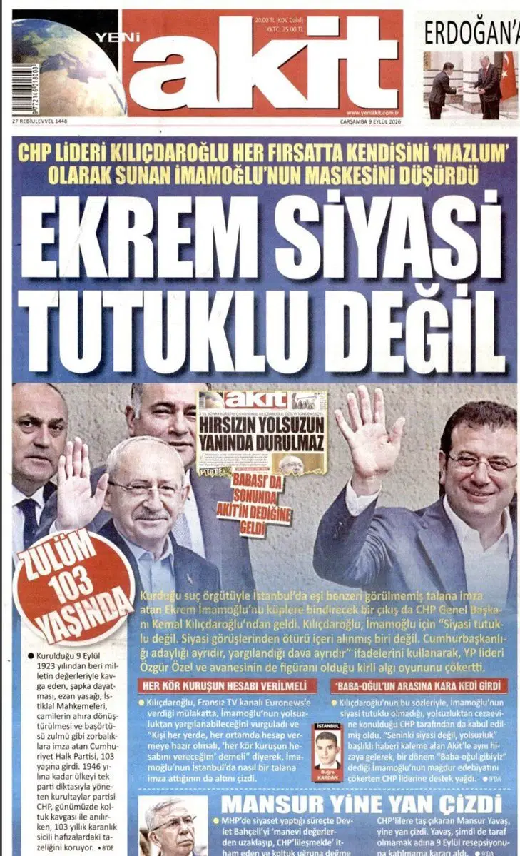 Une image de la première page du journal Yeni Akit contenant le titre sur Kılıçdaroğlu et İmamoğlu.