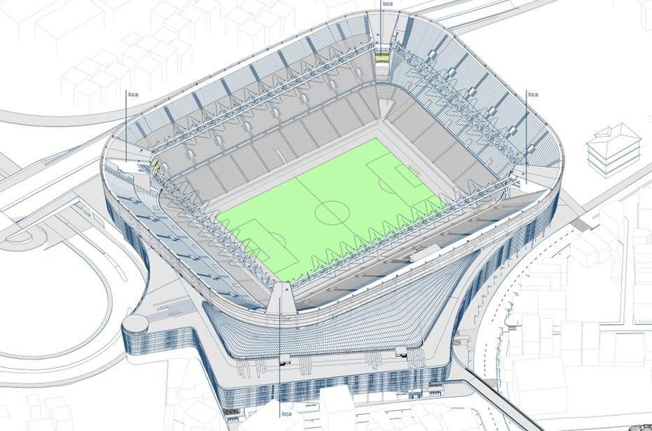Le dessin en perspective aérienne du stade montre les tribunes, les loges et le plan du terrain.